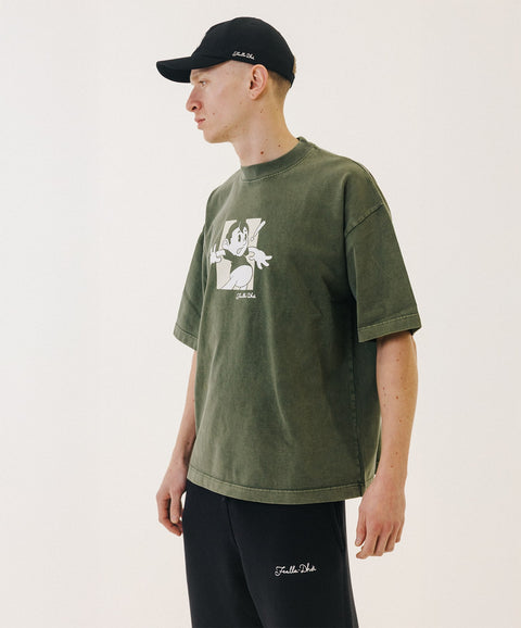 'YELP!' T-SHIRT - VINTAGE MOSS GREEN (HEAVYWEIGHT)