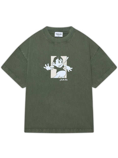 'YELP!' T-SHIRT - VINTAGE MOSS GREEN (HEAVYWEIGHT)